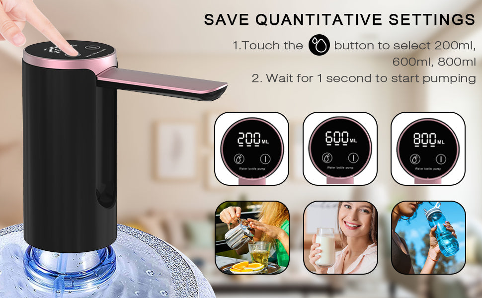 Distributeur d'eau de bureau avec base amovible, pour bouteille de 5 gallons, pompe à eau électrique portable et pliable avec chargement USB pour camping, pique-nique, maison, bureau (noir)