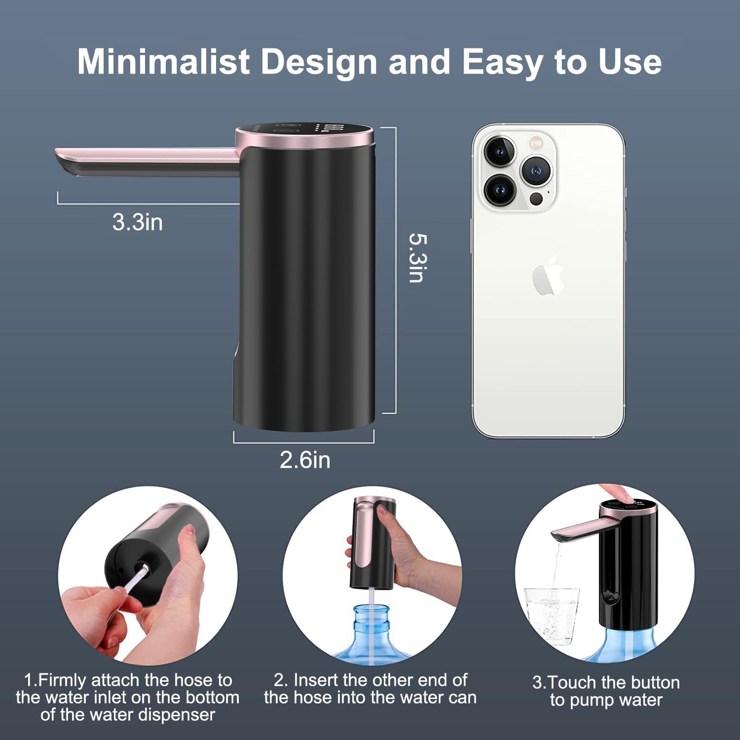 Distributeur d'eau de bureau avec base amovible, pour bouteille de 5 gallons, pompe à eau électrique portable et pliable avec chargement USB pour camping, pique-nique, maison, bureau (noir)