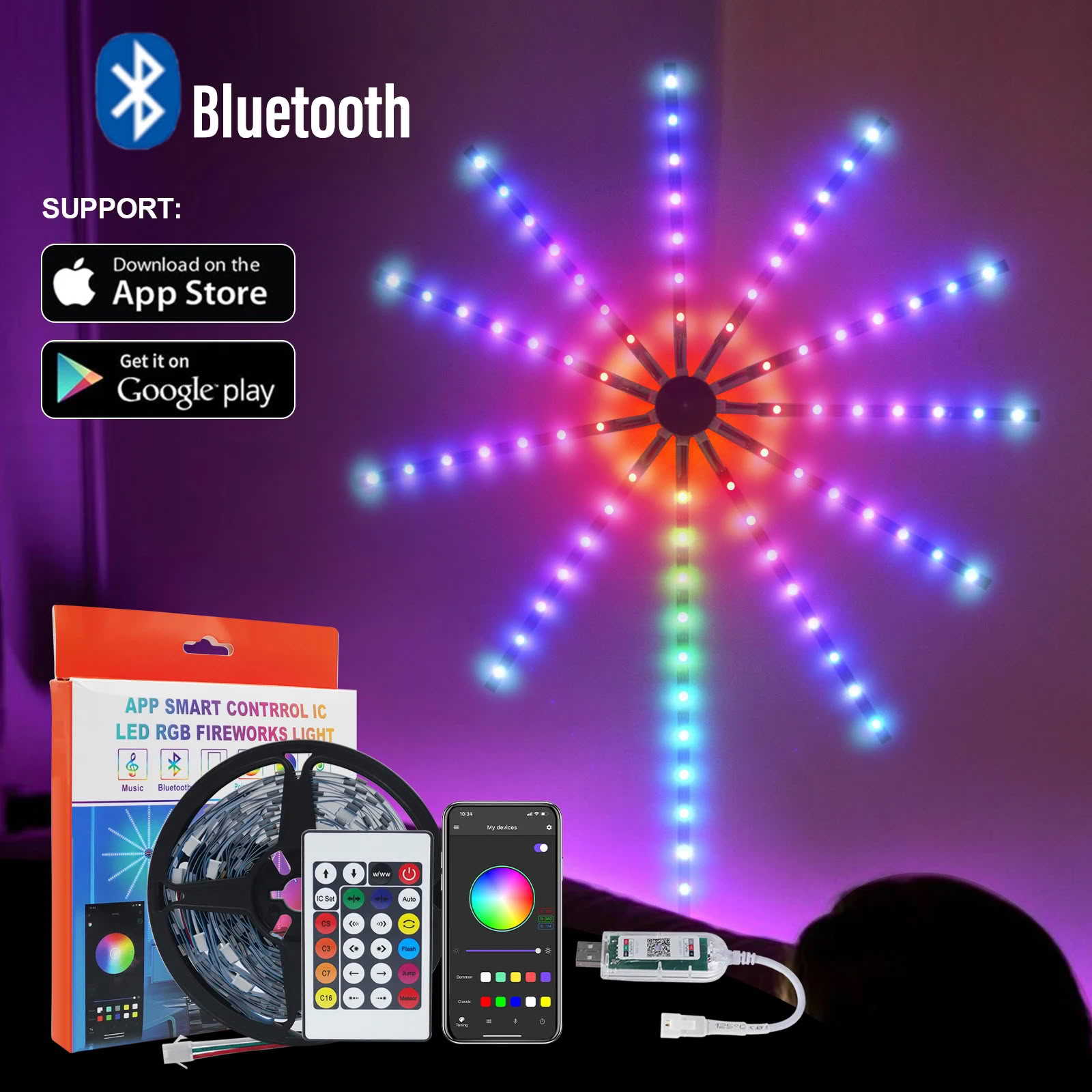 Guirlande LED RGB Feu d'Artifice - Contrôle Bluetooth par Application - Lumières Décoratives Intelligentes"